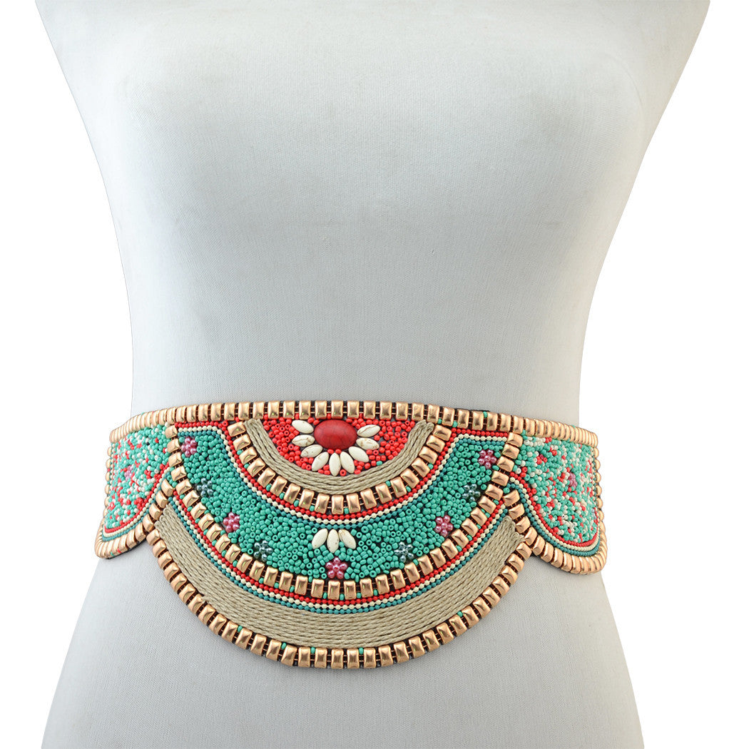 New Autumn And Winter Dress Down Jacket Ladies Wide Waistband Ethnic Style Handmade Exaggerated Rice Beads Metal Texture Belt