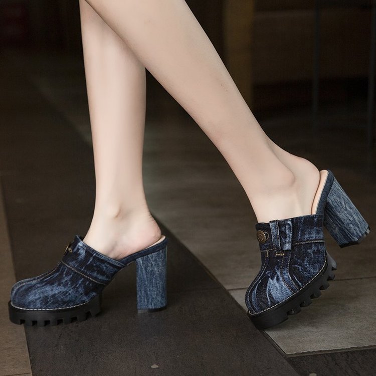 Denim Wash Toe Cap High Heel Slippers