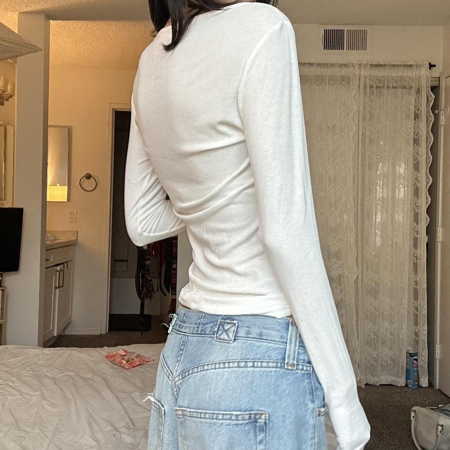 Button-down Semi-open-collar Slim-fit Long-sleeve Casual Top