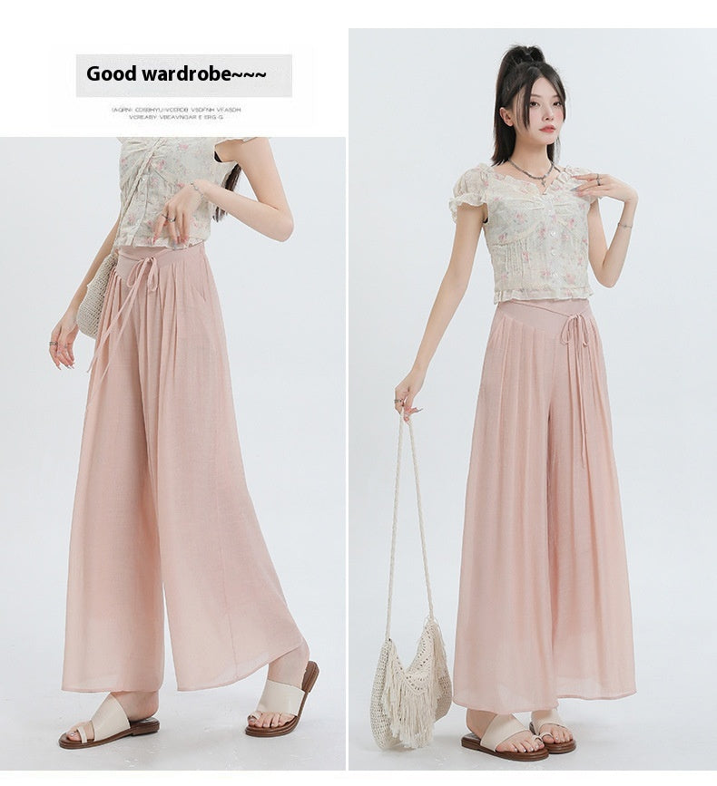 Summer Thin Design High Waist With Straps Slimming And Straight Drape Cropped Wide-leg Pants Skirt