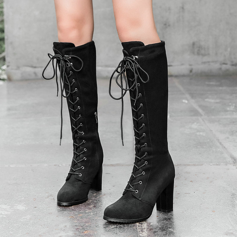 Women's High Boots Foreign Trade Thick High Heel Winter New European And American Women's Boots Front Lace Handsome Suede Knight Boots Motorcycle Boots