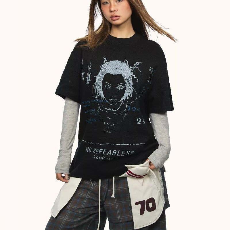 Dame T-shirt med print, rund hals og korte ærmer, ny løs model til sommer