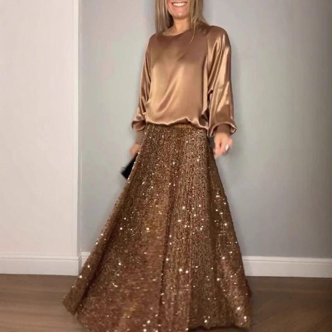 Round Neck Satin Top Sequin Dress Suit Two-piece Set