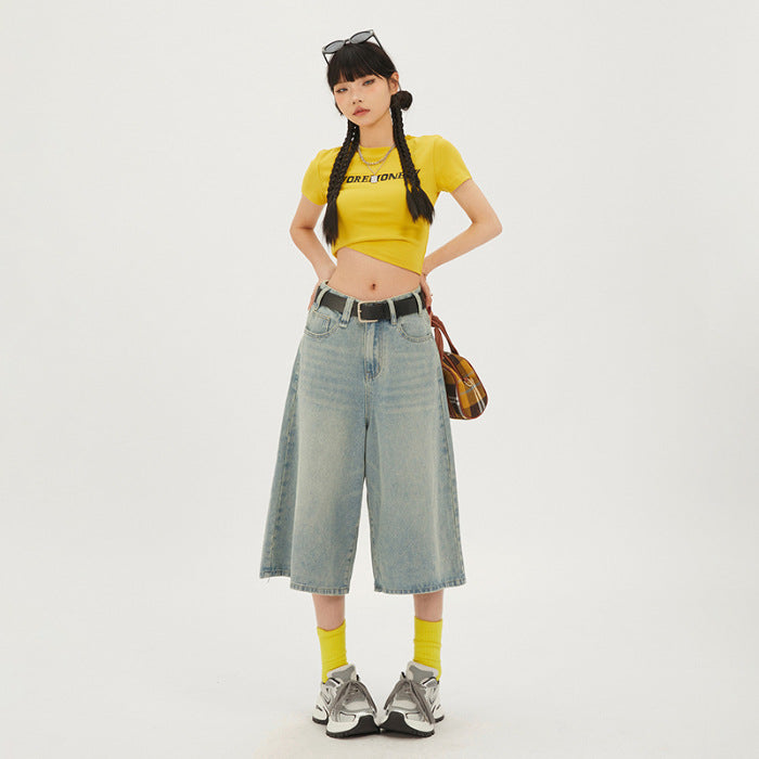 Amerikanske Retro Bukser med Høj Talje, Løs Pasform, Brede Ben, Alsidige Cropped Bukser Shorts Straight