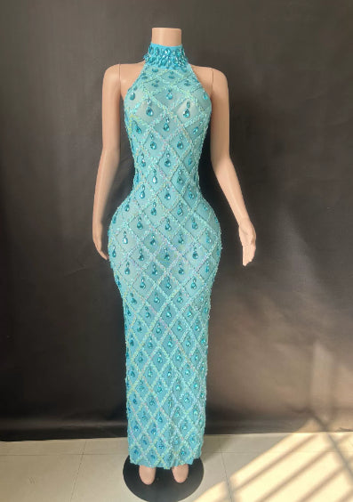 Shimmering Rhinestone High-neck Sleeveless Sexy Mesh Sheer Plaid Evening Gown
