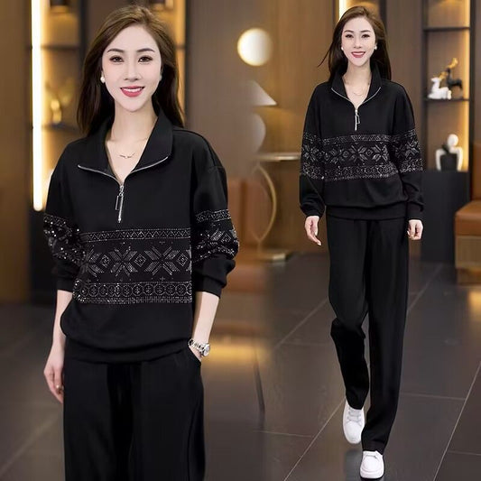 Half-zip Hoodie With Long Sleeves Paired With Wide-leg Pants