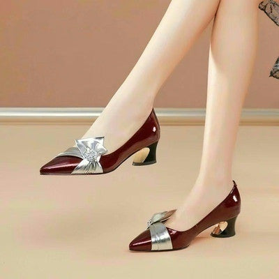 Thick Heels With Color Matching Low-heel Pointed Toe Shoes Women's Mid-heel
