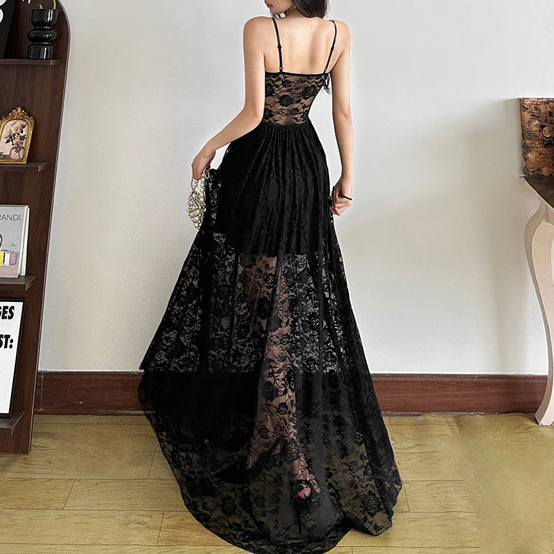 Womens Black Lace Slip Dress With A See Through Bustier Design