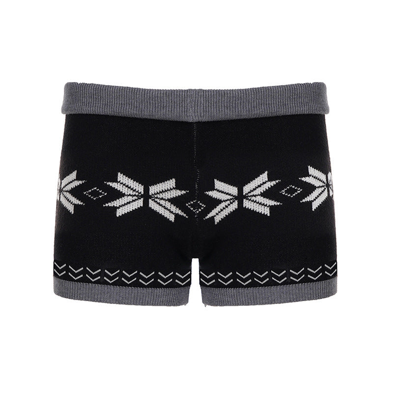 Retro Fair Isle Colorblock Snowflake Stretch Knit Shorts