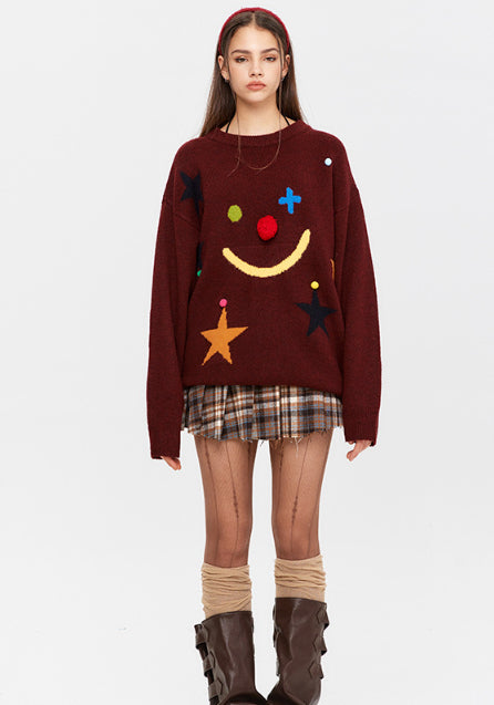Autumn And Winter Smiley Star Jacquard Loose-fitting Idle Style Needle Sweater Women