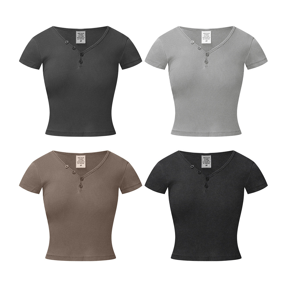 American Retro Design Hot Girl Slim Top Button V-neck Shoulder Short Sleeve