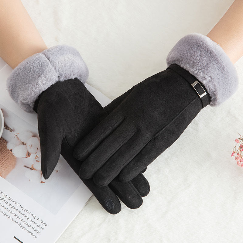 Suede warm gloves double layer plus velvet thick wind and cold riding touch screen gloves