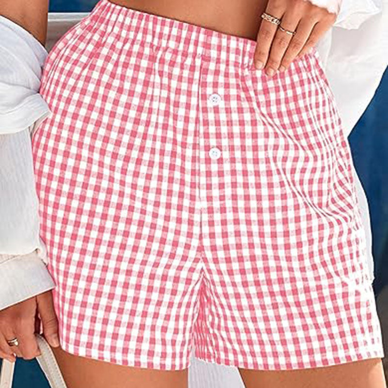 Ferieafslappede shorts til kvinder med høj talje og løst pasform i ternet design