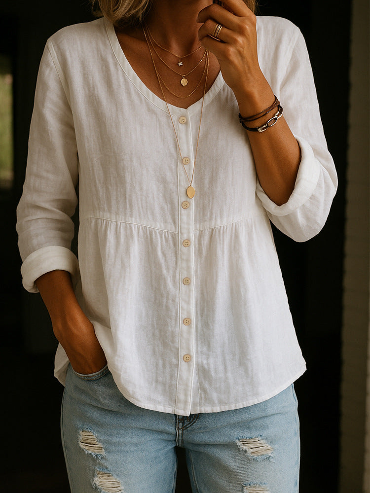 Casual Loose Fashion Cotton And Linen Long Sleeve V-neck Buttons Shirt