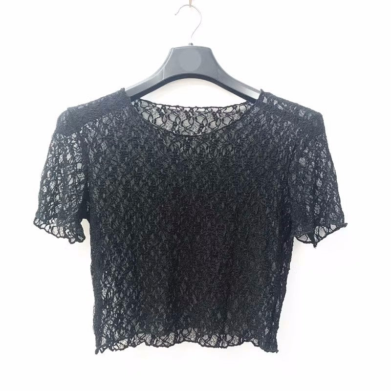 Big Neckline Long Sleeve Lace Stretch Slim Short Chic Crocheted Top