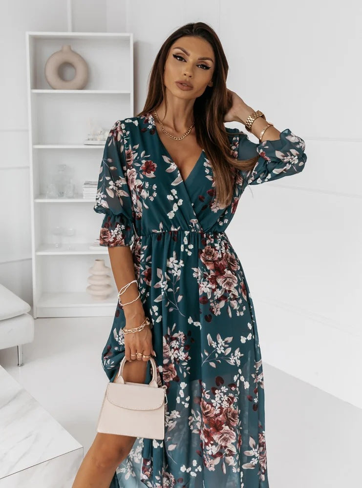 Fashionable Short-Sleeve V-Neck Chiffon Printed Dress