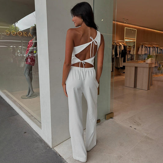 Solid-color Sleeveless Off-shoulder Back-cutout Lace-up Tank Top And Pants Set