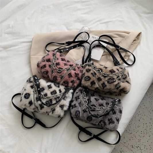 Leopard Pattern Plush Chain Stick Bag Casual