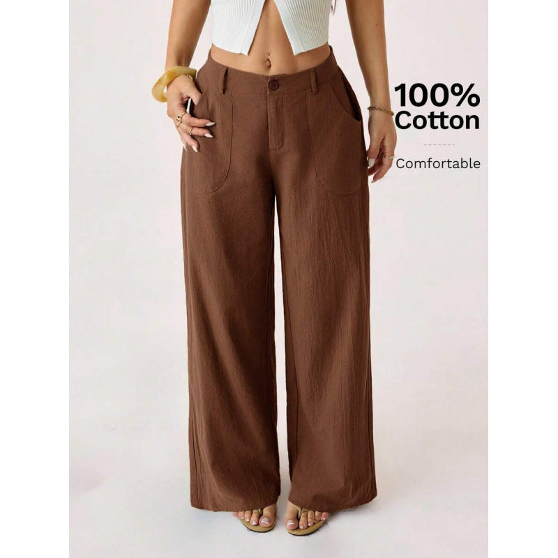 New Cotton-linen Womens Mid-rise Casual Commuter Wide-leg Pants