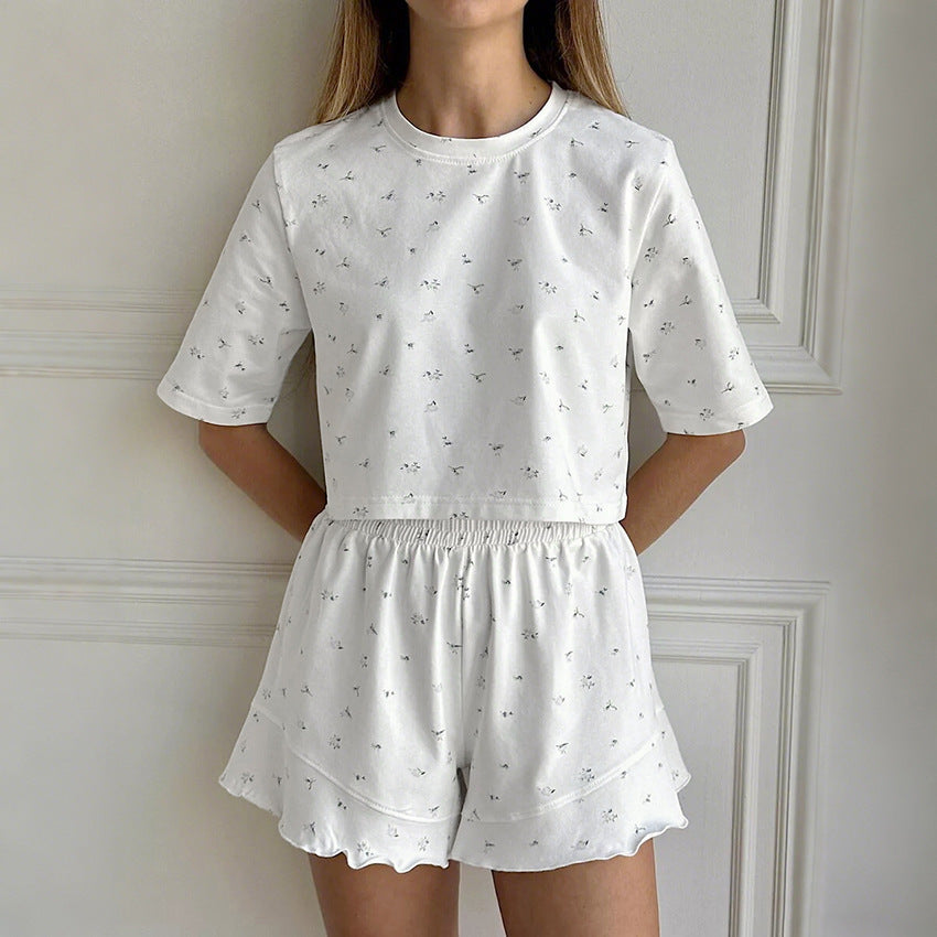 Printed Knitted Pajama Set From Europe And The US Top And Shorts
