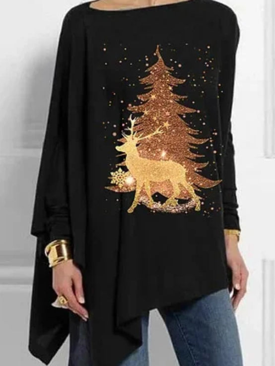 Golden Christmas Tree Printed Mid-Length Irregular Women's Tops
