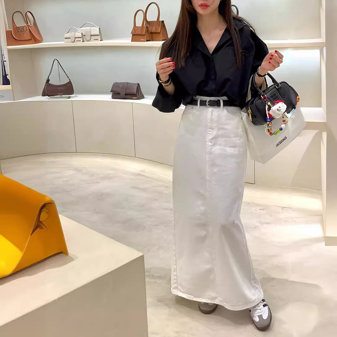 Fashion Korean Style Pure Color Slimming High Waist Back Denim Skirt