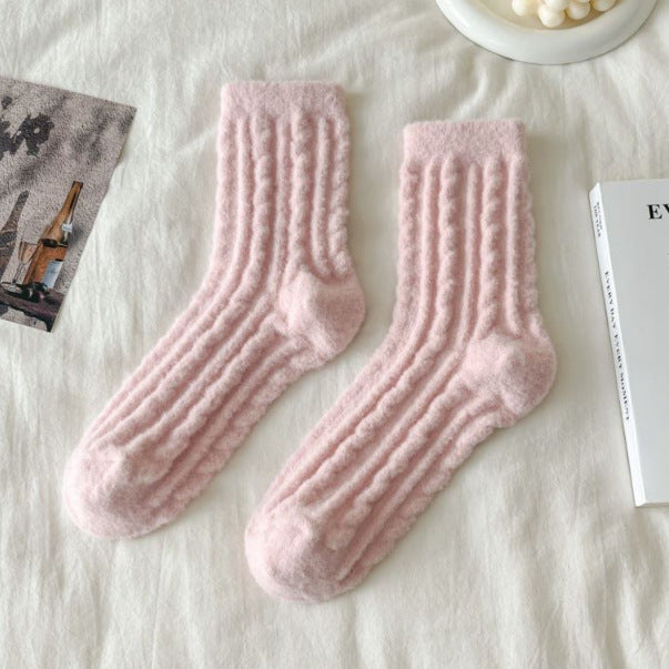 Thick Solid-color Mid-calf Cotton Socks For Women