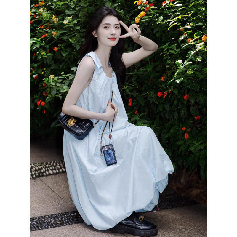 French-style Sophisticated Blue Sleeveless Slip Dress
