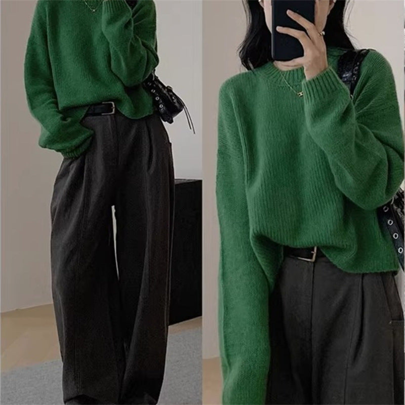 Grøn Vaskebjørn Fløjls Crew Neck Pullover Sweater Kvinde Efterår Og Vinter Løs Afslappet Stil