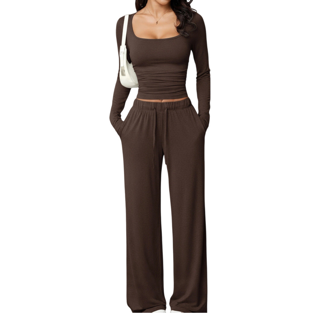 Womens Casual Pants And Square Neck Long Sleeve Cropped Top Set