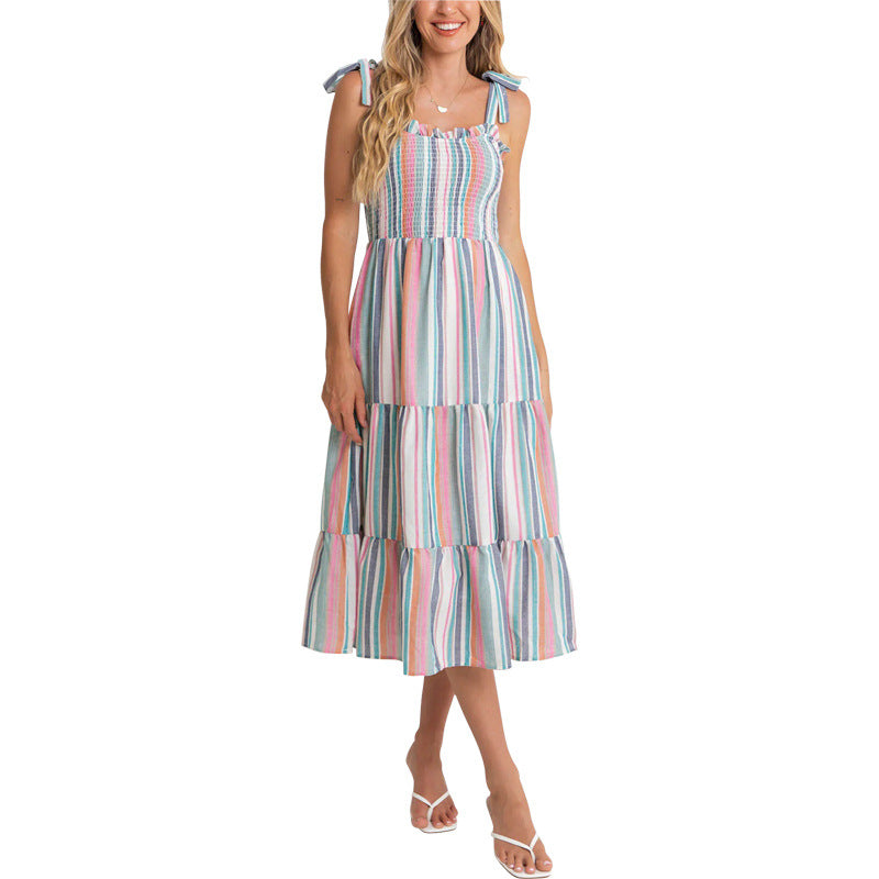 Strappy Rainbow Color-Block Striped Slip Dress