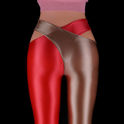 Glossy Leggings Patchwork Color Cross Open Crotch Pants