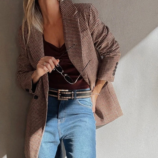 Brun Pied de Poule Blazer med Reverskrave
