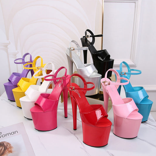 Patentlæder 20cm Ekstra Høje Hæle Stilet Peep-toe Plateausandaler Super Høje Sandaler