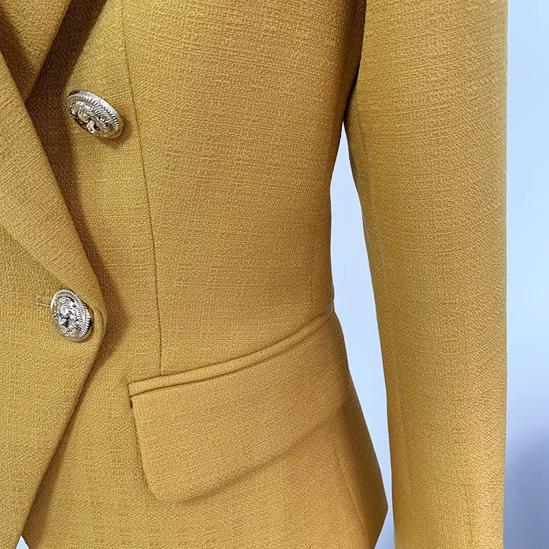 Fashion Jacket With Metal Lion Buckle Double-row Slim-fit Pitted Surface