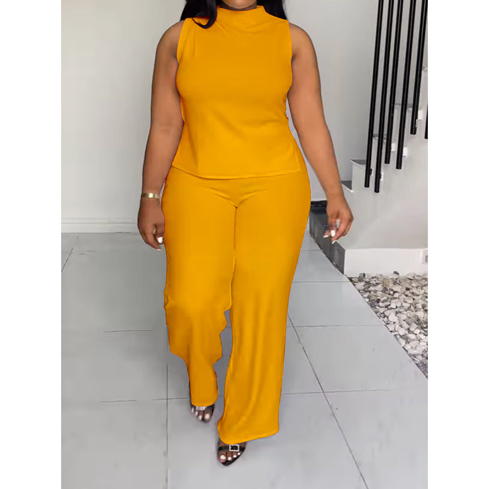 Solid Color Casual Sleeveless Trousers Suit