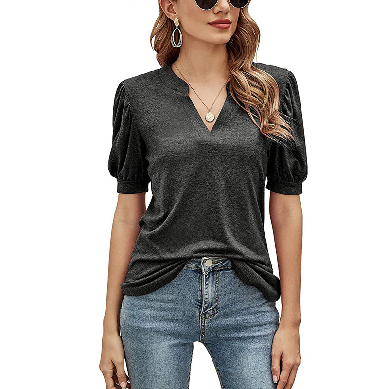 Women's New Casual V-neck Puff Sleeve Loose T-shirt Women