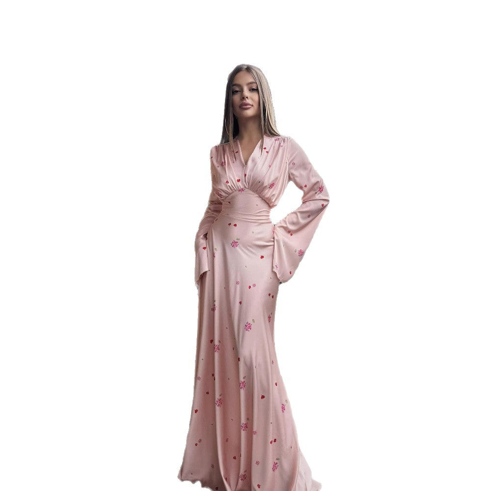 Womens Fashion V-Neck Printed Long-Sleeve Dress