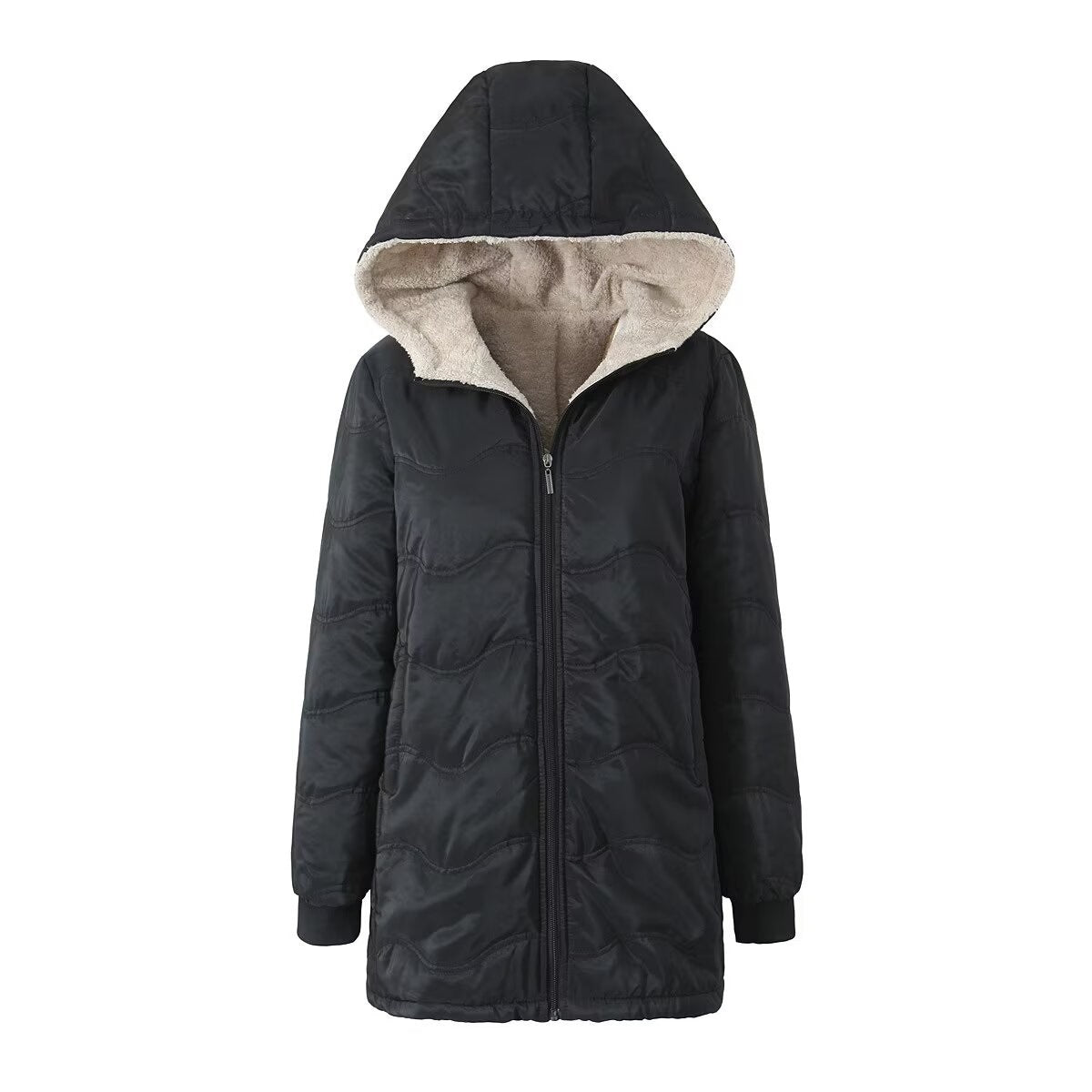 Geometric Wave Hooded Fleece-lined Warm-keeping Cotton Clothing