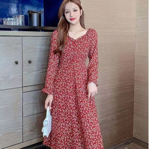 Women's Retro Casual V-Neck Floral Print Long-Sleeve Dress