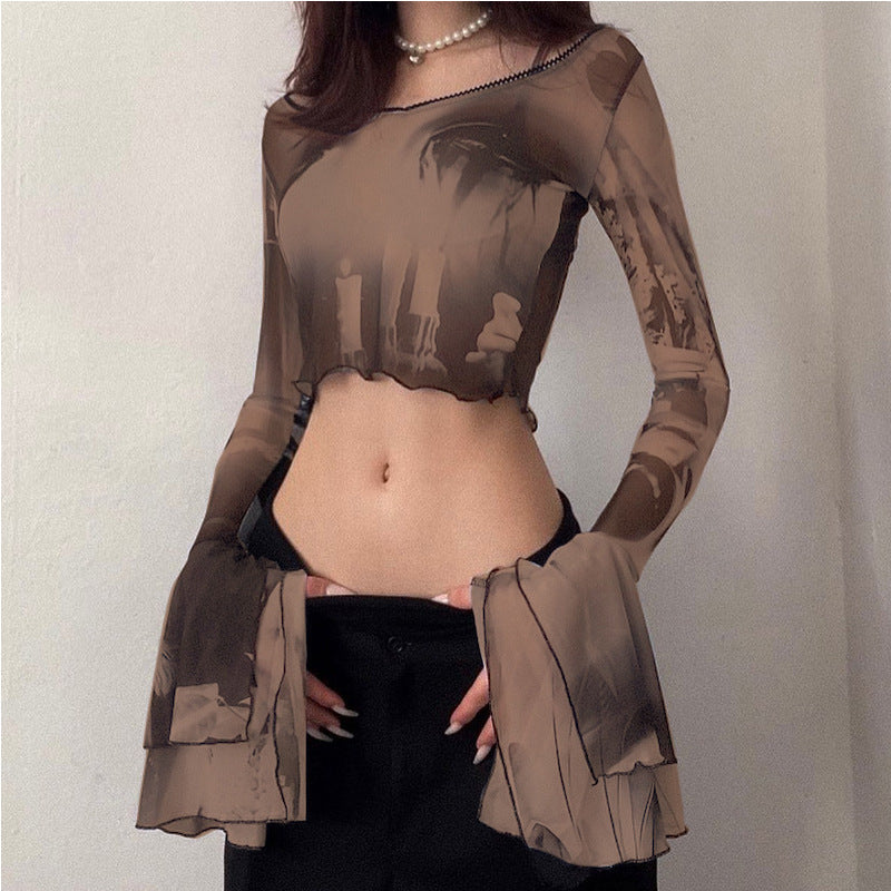 European And American Red Long-sleeved Round Neck Cropped T-shirt