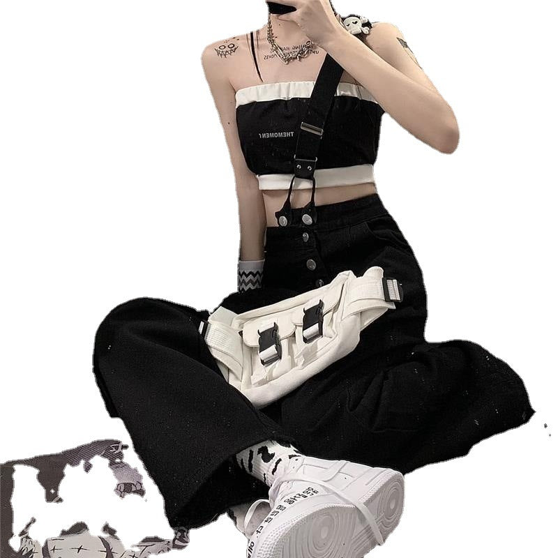 Slimming High Waist One Shoulder Shoulder Strap Jeans Summer