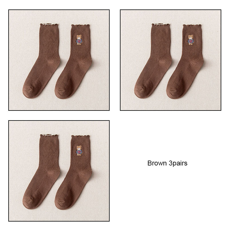 Women's Bear Embroidered Fungus Lace Mid Tube Socks