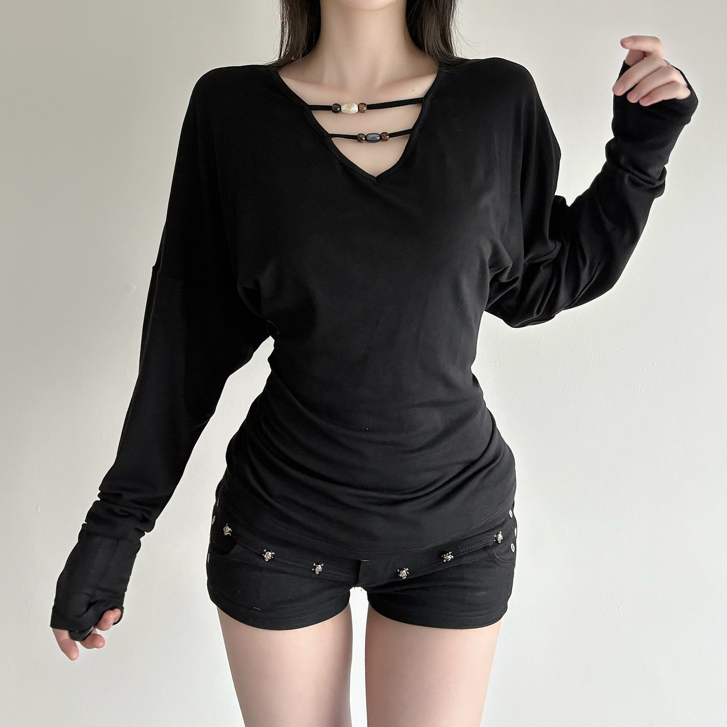 V-neck Beaded Waist-cinching Ruffled Slimming Casual Top