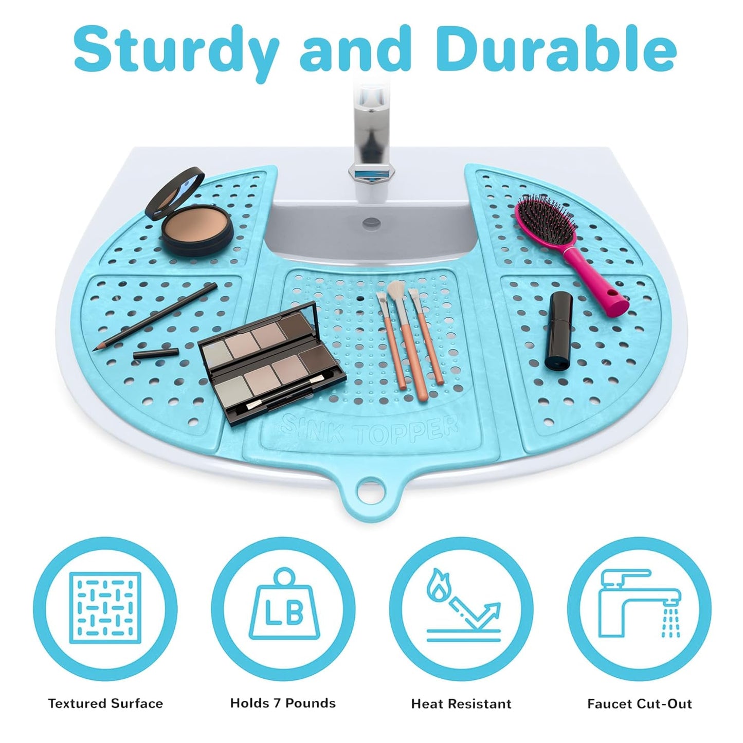 Bathroom Counter Cover & Storage Saver, Foldable Mat for Hot Tools, Hair Styling & Makeup, Beauty Brush Cleaning Mat, RV Camper Sink Cover & for Small Spaces (Standard Pacific Blue)