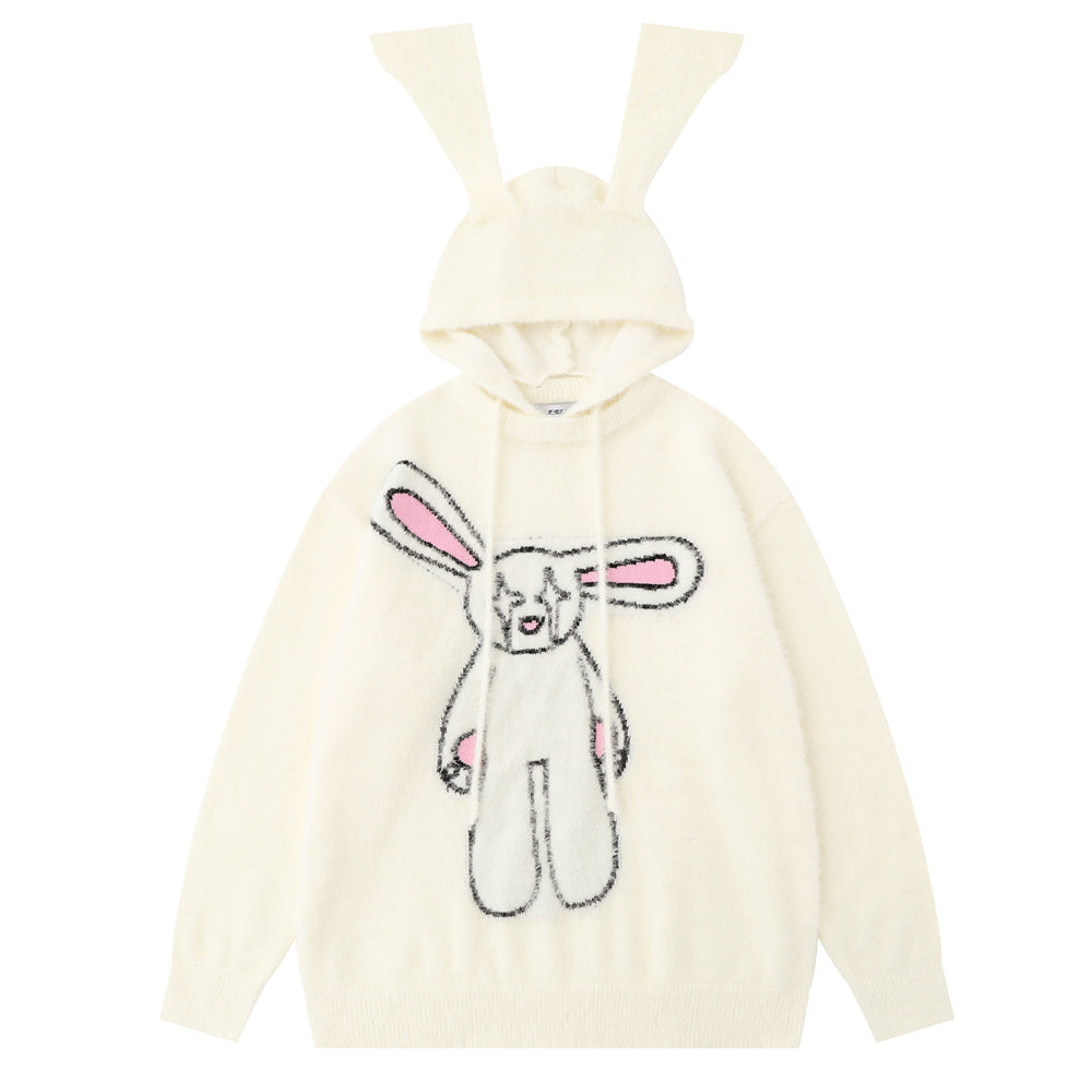 Cute Rabbit With Long Ears Hooded Sweater Fake Two Pieces Pullover