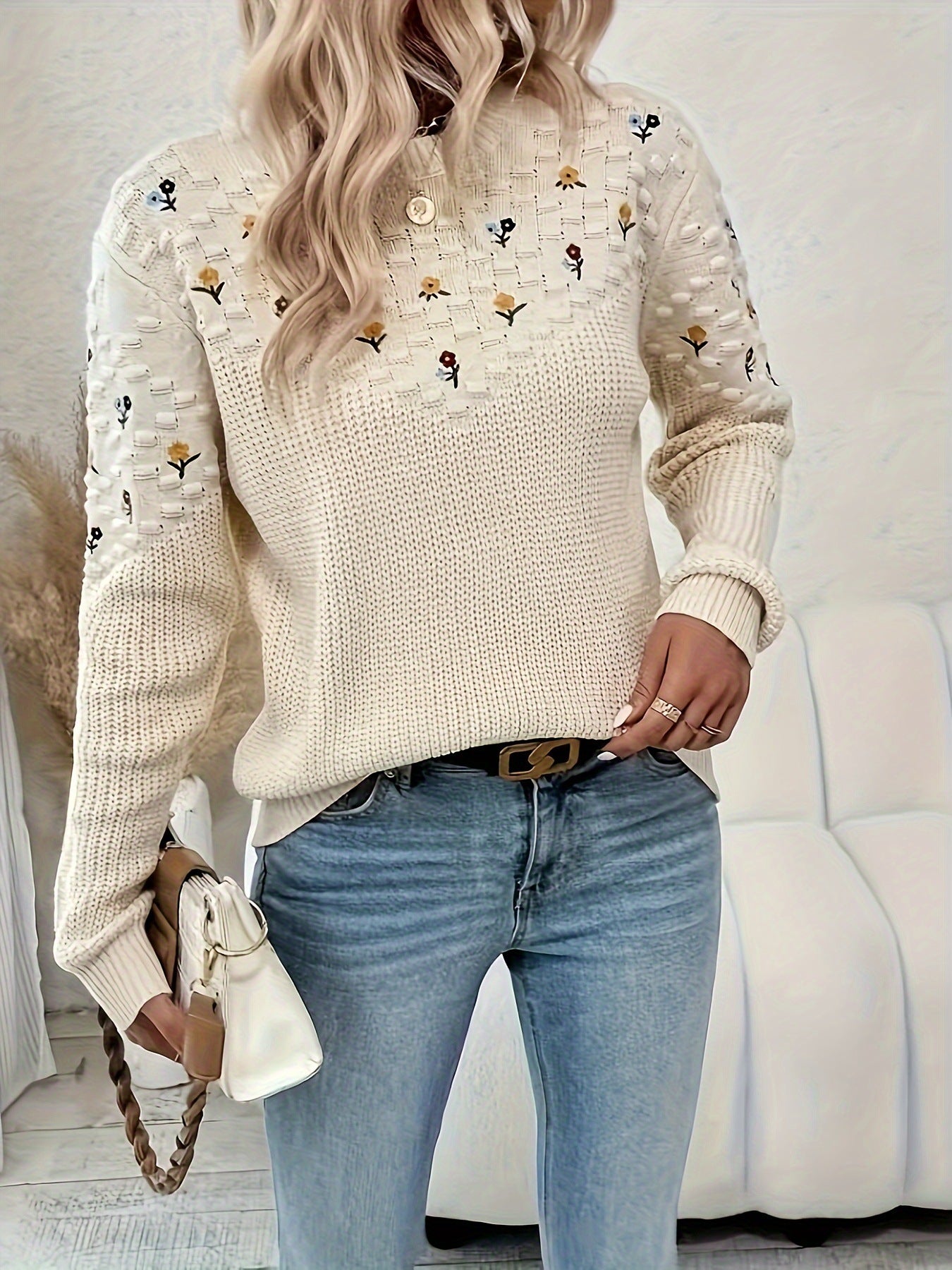 New Romantic Artistic And Pastoral-Style Thickened Round-Knit Daisy Sweater
