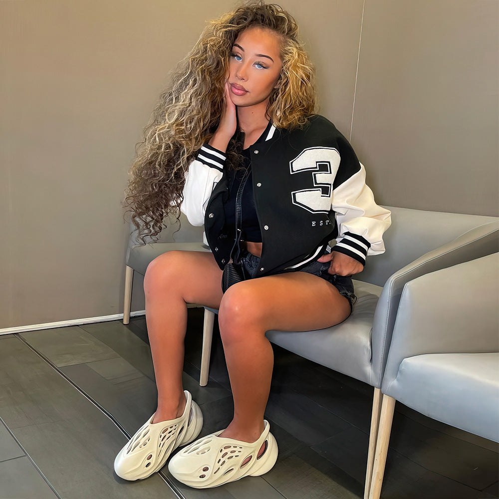 Contrasting Color Print Cuffs Striped Element Baseball Jacket