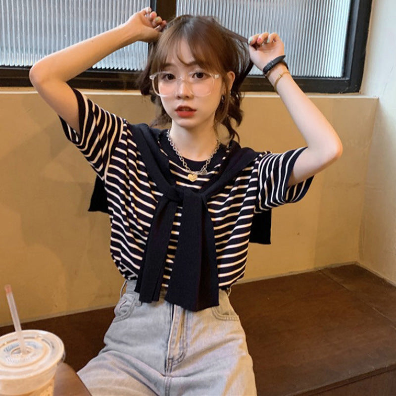 Female Niche Knitwear Striped Fake Two-piece Top Ice Silk T-shirt