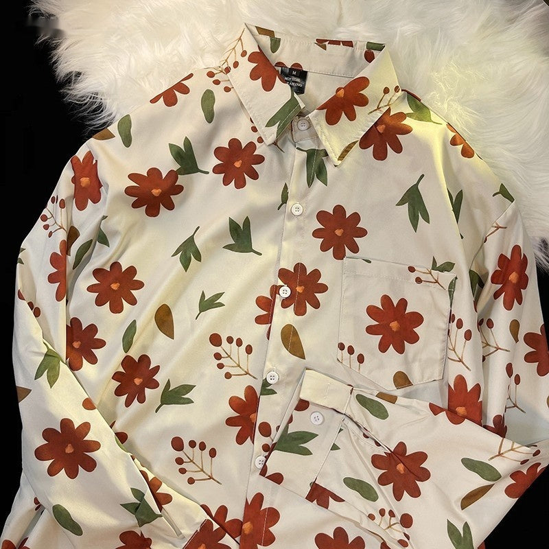 Hong Kong Style Printed Shirt Men's And Women's Loose Long Sleeves